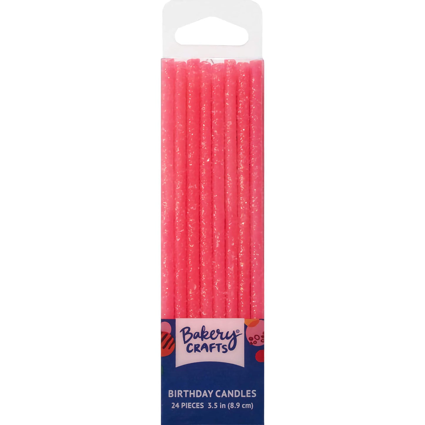 Pack of 24 Pink Slim Glittery Birthday Candles, each 3.5 inches tall, featuring an elegant pink color and glittery finish, perfect for adding sparkle to any celebration.