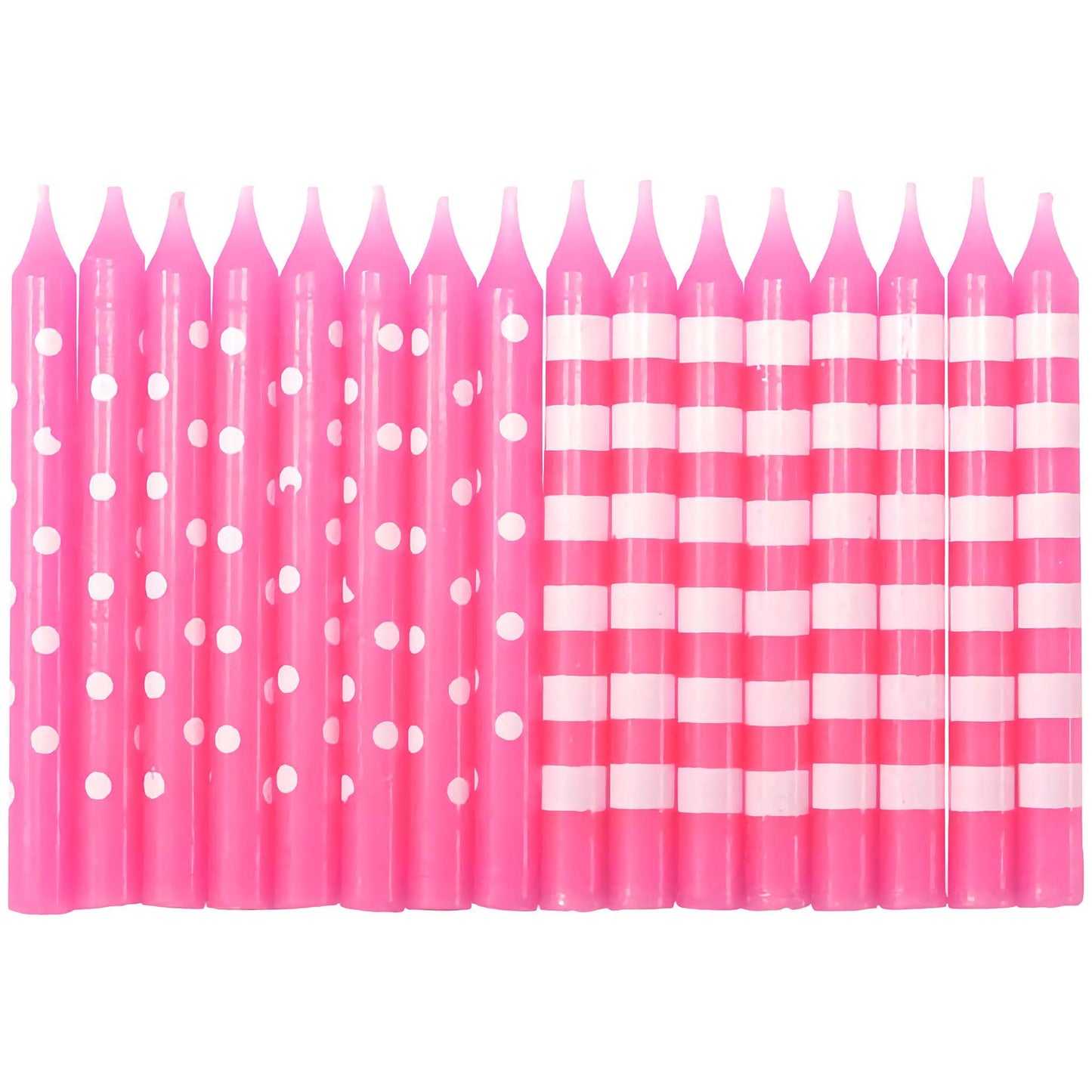 Close-up of pink birthday candles with stripes and polka dots, arranged in a row. Contains a mix of designs in a 16-pack set.