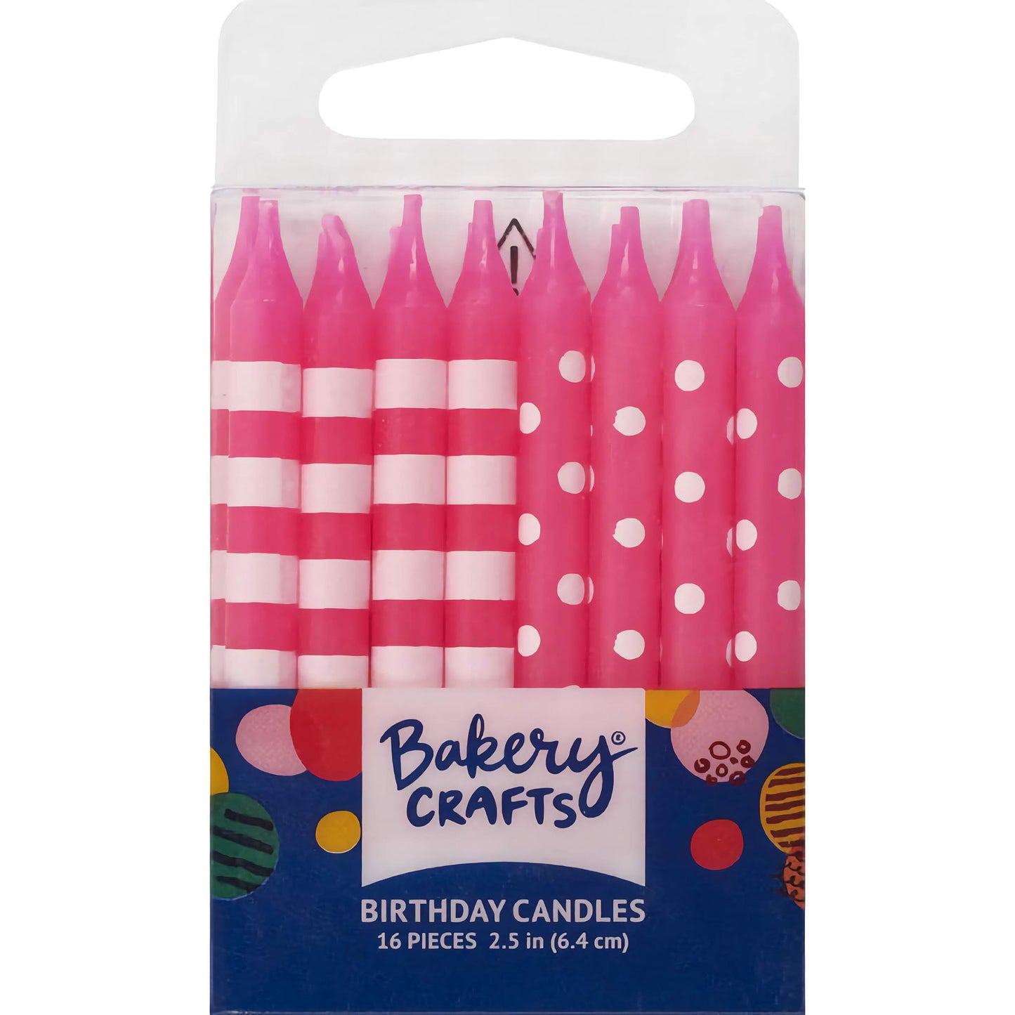 Pack of 16 Pink Stripes & Dots Birthday Candles, each 2.5 inches tall, featuring white stripes and polka dots on vibrant pink wax, ideal for any age and celebration.