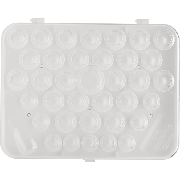 Ateco pastry tip storage box with compartments for up to 37 medium and large tubes and couplers, designed for organized and sanitary storage.