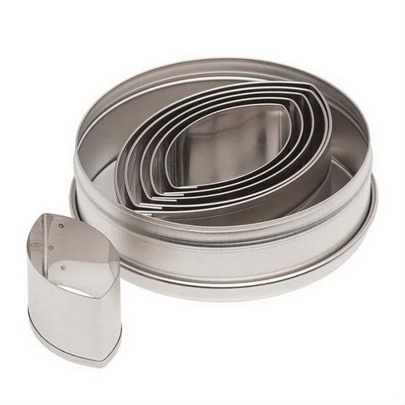Set of 6 stainless steel football-shaped cutters from Ateco, displayed stacked together in a round tin with one cutter shown separately.