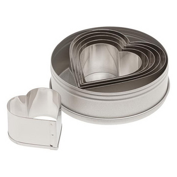 Ateco 7804 6-piece stainless steel heart cutter set with nestable heart-shaped cutters in a round storage tin.