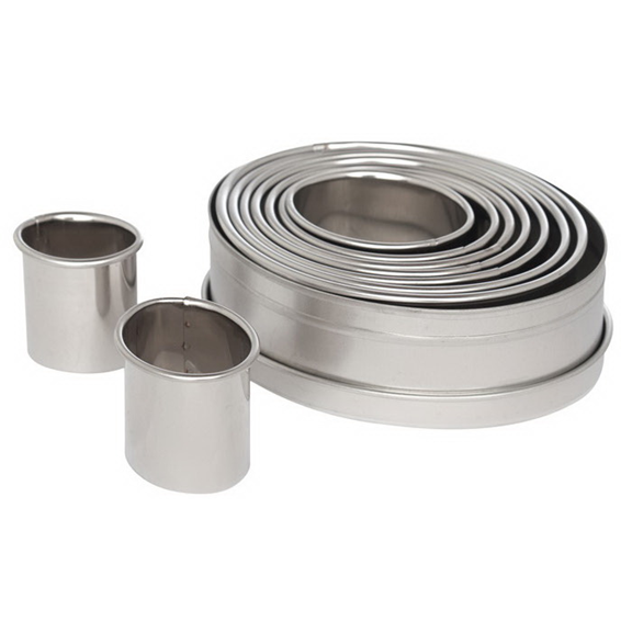 Set of 9 stainless steel oval cutters from Ateco, displayed stacked together with two cutters standing separately.