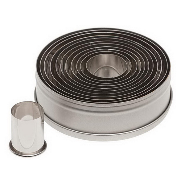 Set of 11 stainless steel round cutters from Ateco, neatly nested in a round tin with one cutter displayed separately.