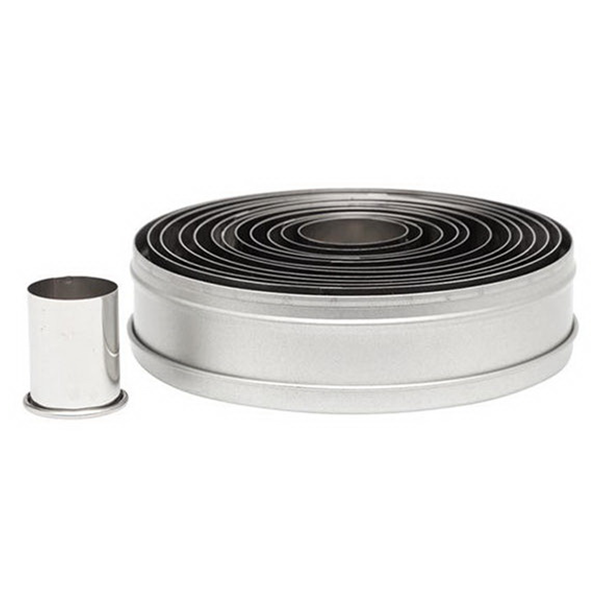 Set of 12 stainless steel plain round cutters from Ateco, neatly nested in a round tin with one cutter displayed separately.