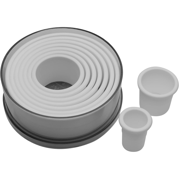 Ateco 5757 9-piece plain round cutter set, featuring white plastic round-shaped cutters neatly nested inside a matching round storage container.