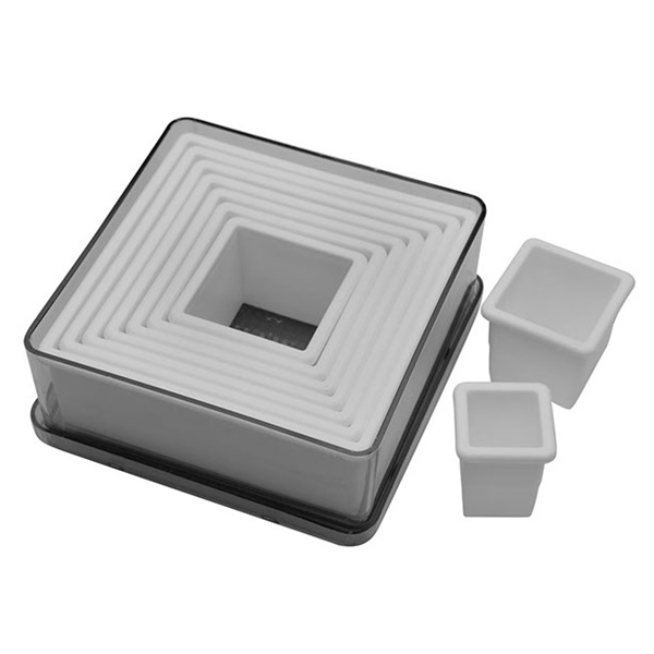 Ateco 5753 9-piece plain square cutter set, featuring white plastic square-shaped cutters neatly nested inside a matching square storage container.