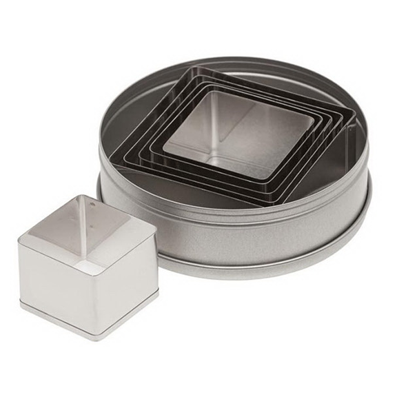 Ateco 5253 6-piece stainless steel plain square cutter set, neatly nested in a round storage tin.