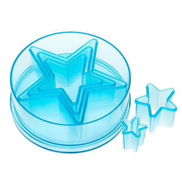 Ateco 5750 5-piece plain star cutter set in transparent blue plastic, neatly nested in a round storage container with two cutters displayed separately.