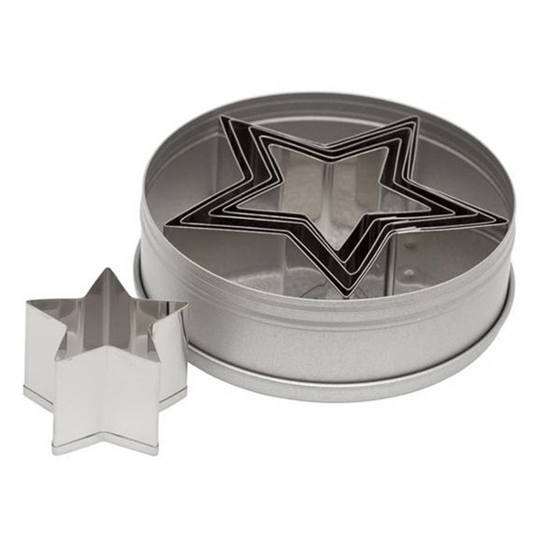 Ateco 7805 6-piece stainless steel star cutter set with nestable star-shaped cutters in a round storage tin.