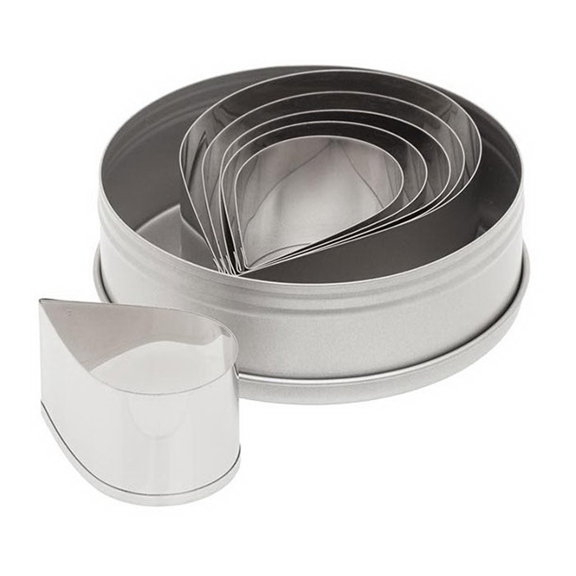 Ateco 5252 6-piece stainless steel tear drop cutter set, neatly nested in a round storage tin.