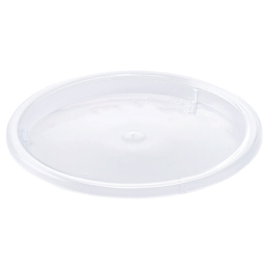 Clear round plastic lid designed to fit a cylindrical dessert cup, shown on a white background.