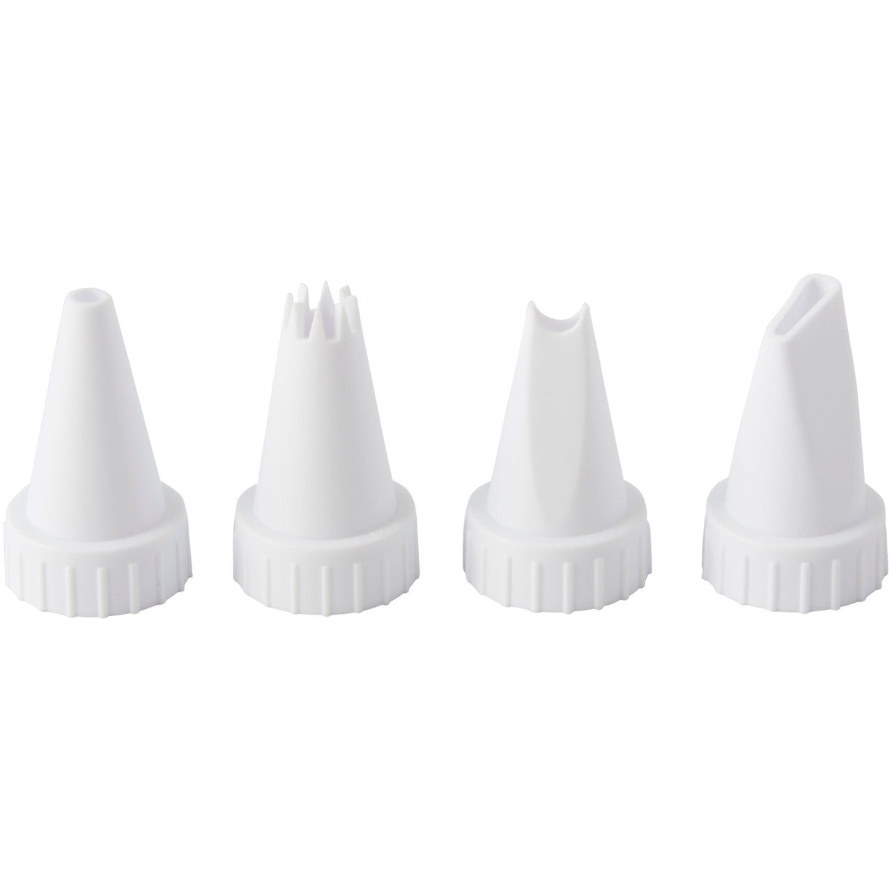 Set of four white plastic piping tips for decorating cakes and cupcakes, including round, star, leaf, and petal shapes.