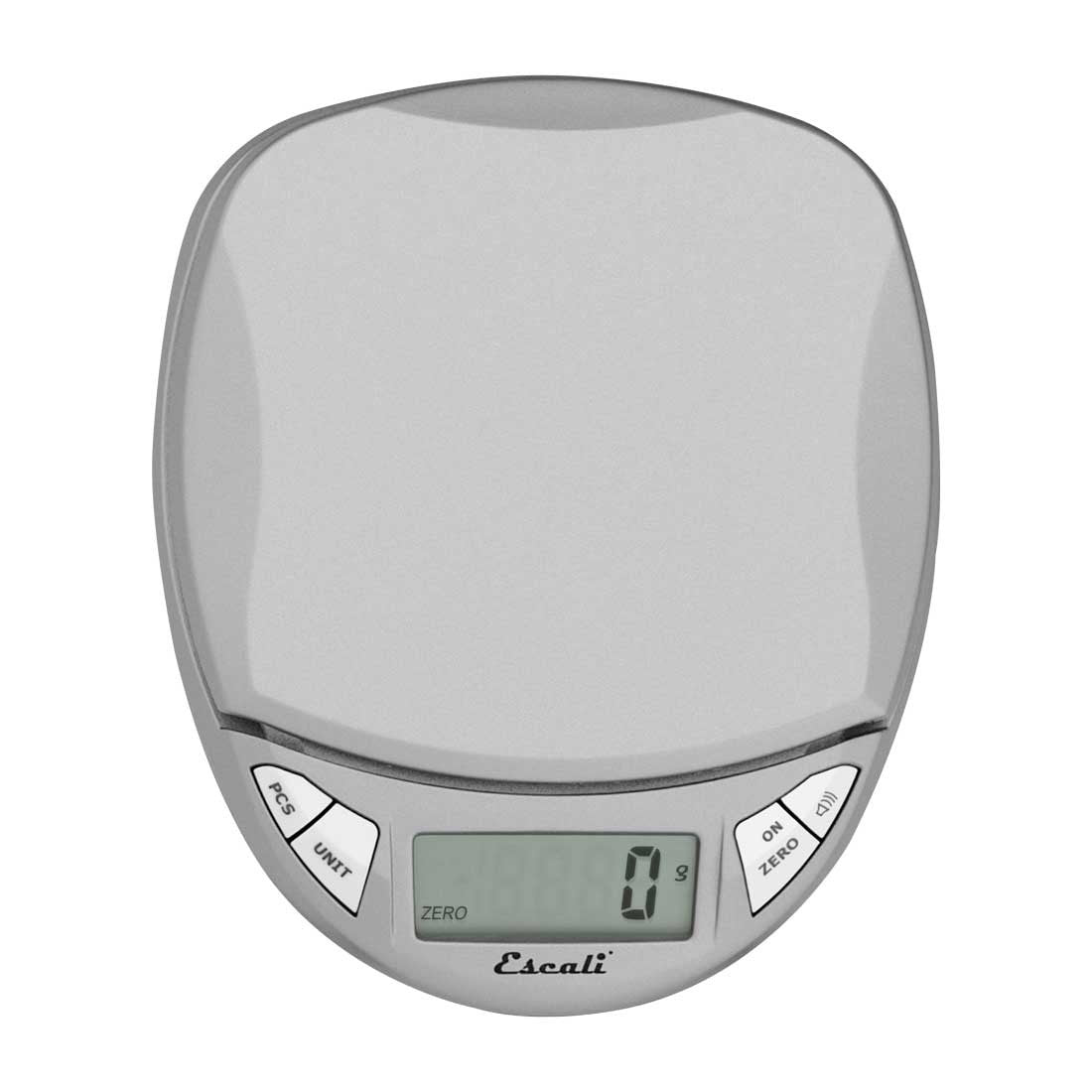 A compact silver digital kitchen scale with a sleek curved design, a digital display, and four buttons for tare, unit conversion, counting, and power.