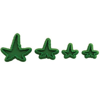 Set of four green JEM pointed ivy leaf cutters in different sizes.