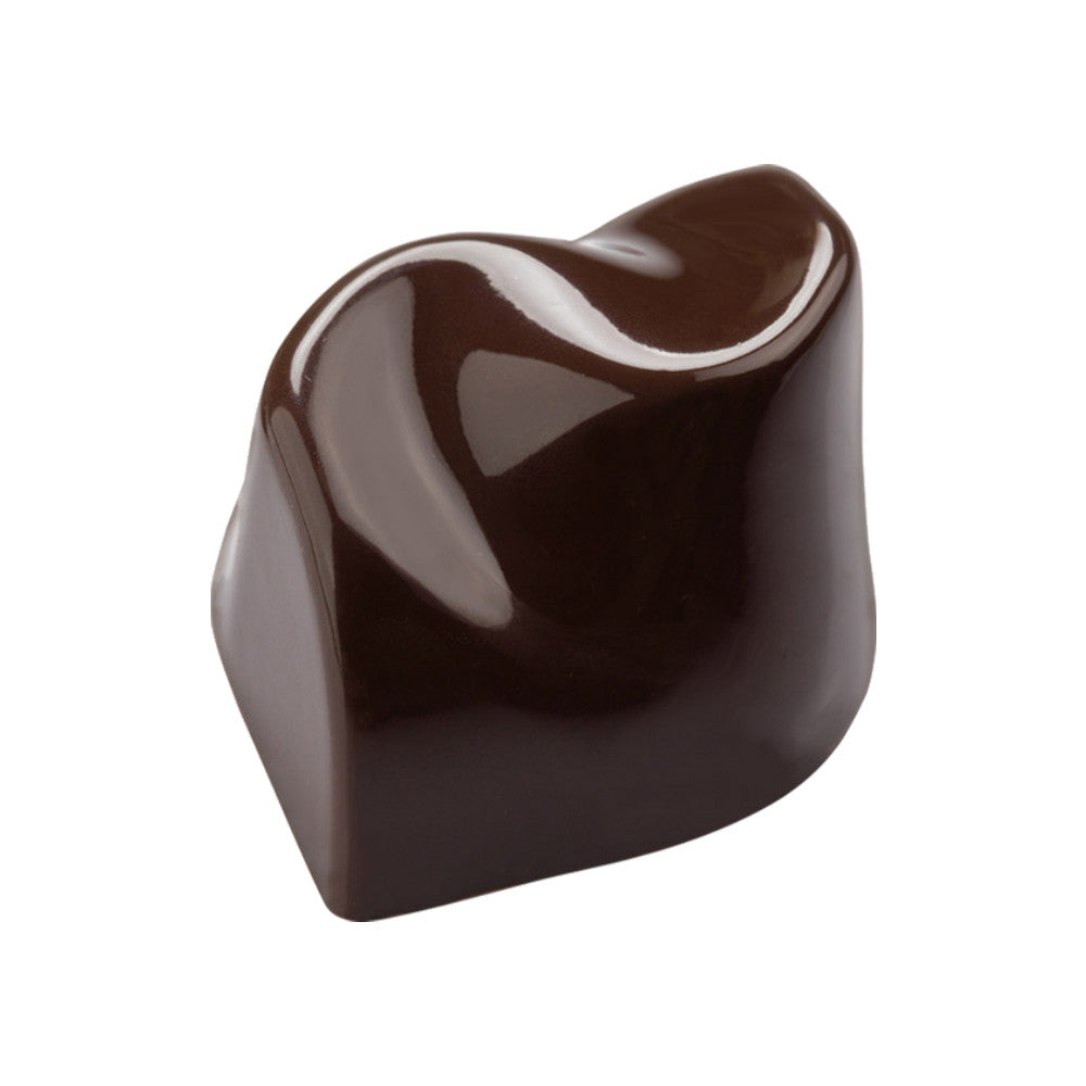 Glossy dark chocolate praline made with the Martellato Flow mold, featuring a rounded square shape and smooth, flowing curved top on a white background.