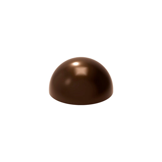 Shiny dark chocolate hemisphere with a smooth rounded dome shape, shown on a white background.