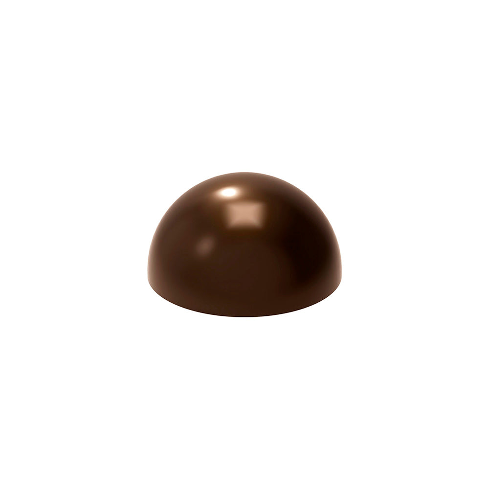 Shiny dark chocolate hemisphere with a smooth rounded dome shape, shown on a white background.