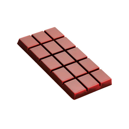 Finished chocolate bar with raised rectangular segments, shown in a reddish-brown chocolate color on a white background.