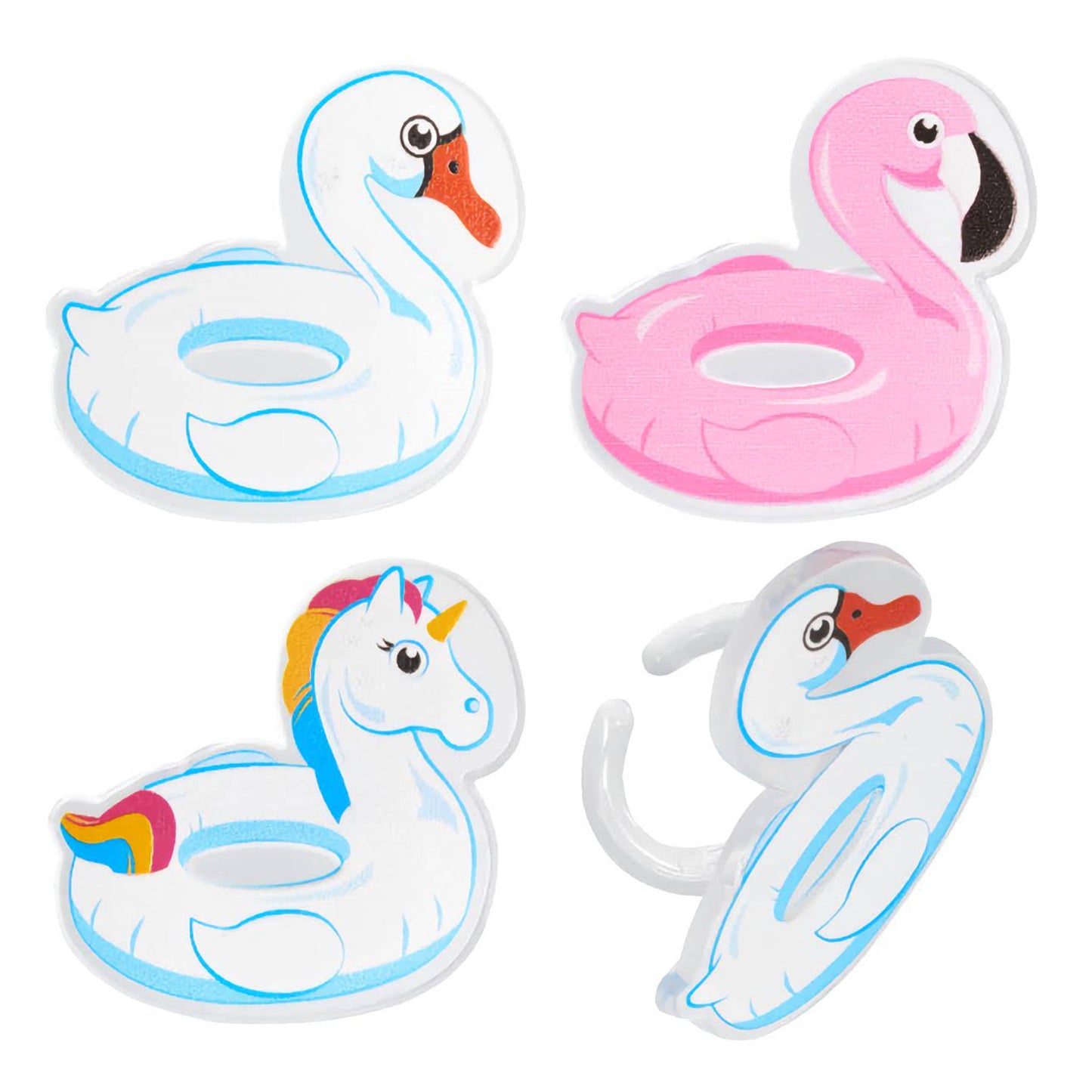 Assorted pool floaties cupcake topper rings, including swan and flamingo designs, perfect for pool party desserts or summertime baking fun.