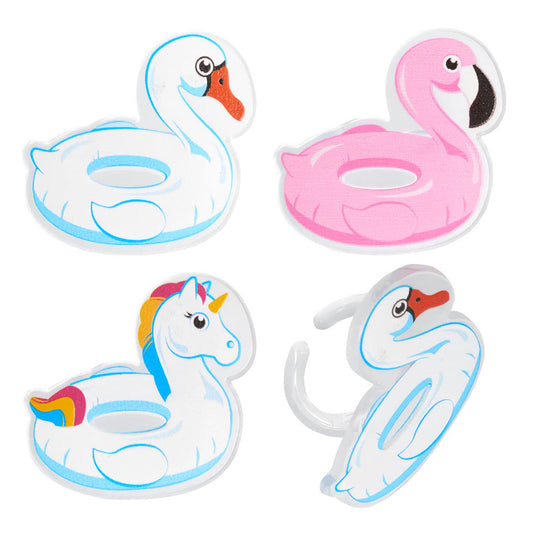 Assorted pool floaties cupcake topper rings, including swan and flamingo designs, perfect for pool party desserts or summertime baking fun.