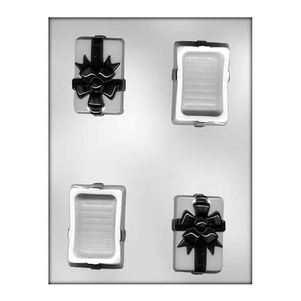 Two-piece chocolate mold set for making gift box shapes with a decorative bow, suitable for creating elegant chocolate boxes for special occasions.
