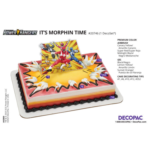 Decorating guide image showing Power Rangers Morphin Time cake design with icing colors and decorating tips labeled.