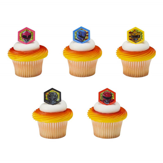 Cupcakes transformed into a team of Power Rangers with character toppers, set against a fiery backdrop of yellow and orange icing, perfect for action-packed parties or celebrating classic superhero teams.