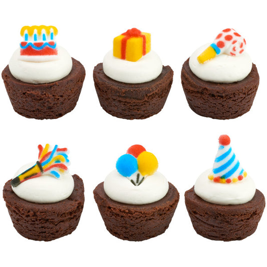 Mini brownies topped with edible birthday sugar decorations, perfect for parties and celebrations.