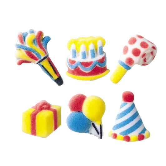 Assorted birthday-themed sugar decorations, including cakes, balloons, presents, and party hats in bright colors.