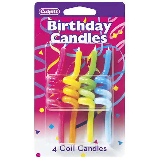 Primary Colors Coiled Birthday Candles with glittery coating, in assorted colors of red, yellow/orange, light/dark green, and light/dark blue, each measuring 3 1/2" tall, 4 candles per package.