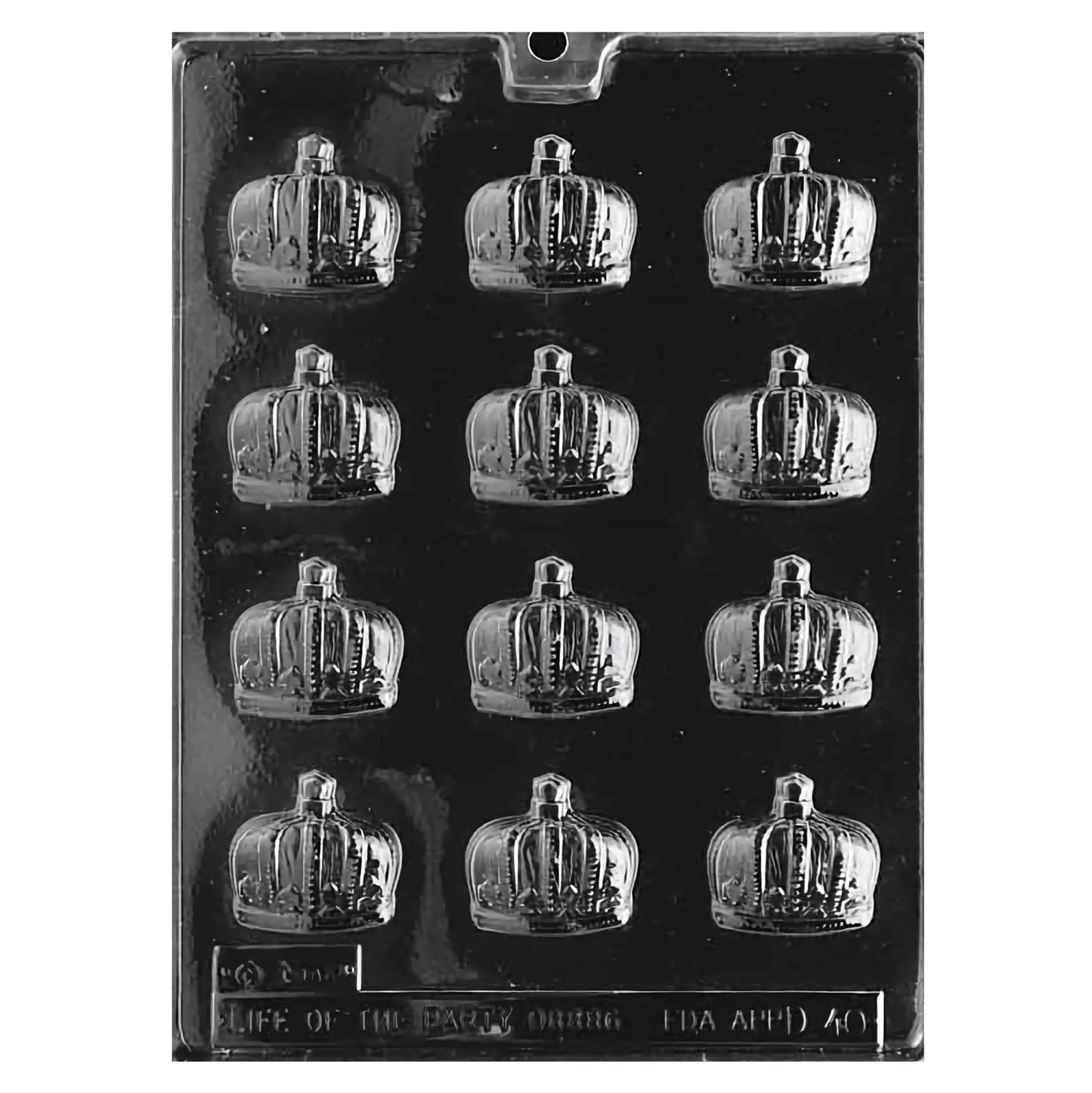 An image of a plastic chocolate mold with cavities shaped like regal crowns, complete with intricate jewel and cross details, perfect for creating chocolates for a prince-themed party.