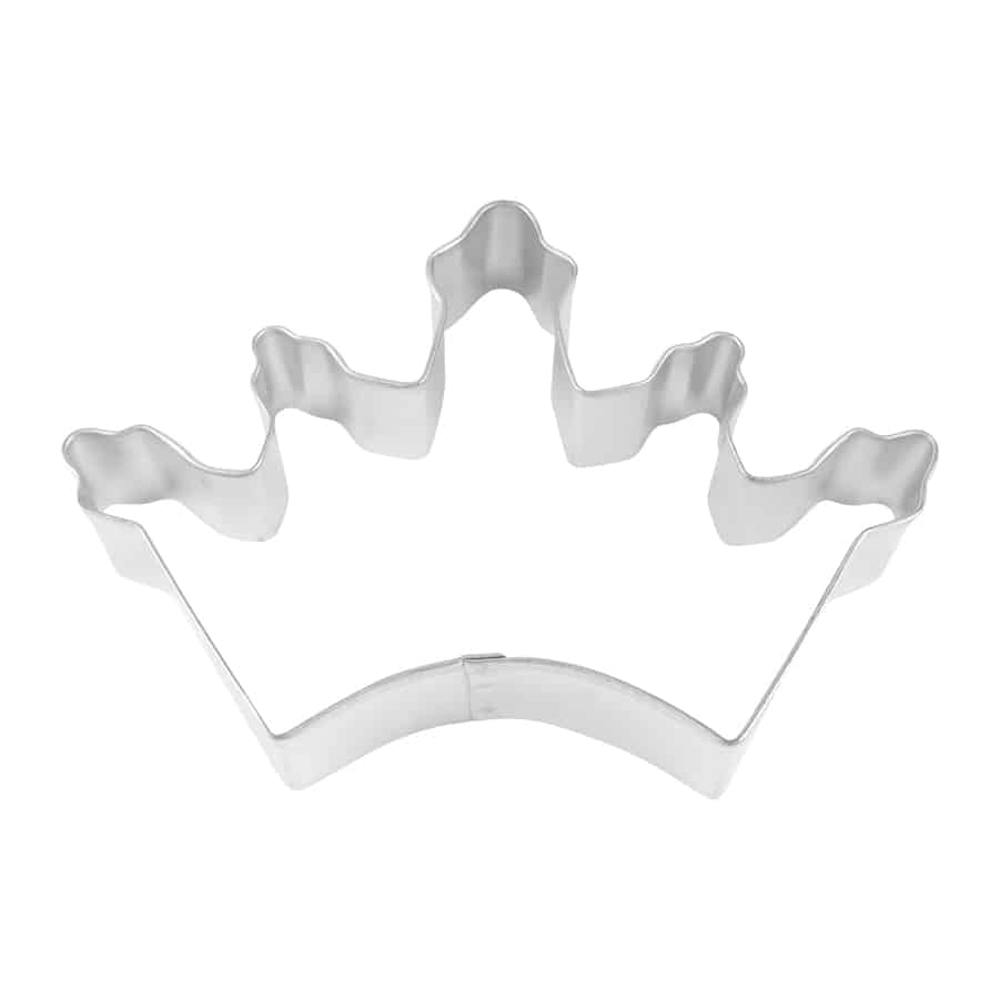 Tinplated steel crown-shaped cookie cutter with a classic regal design, shown from a top-down view.