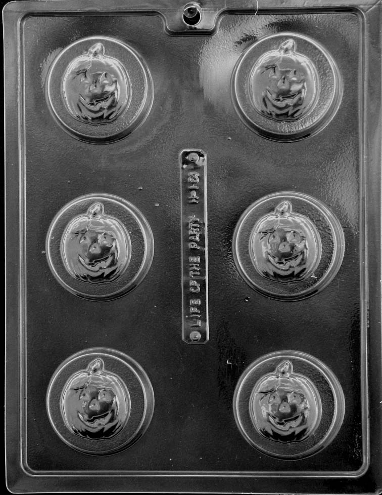 Clear plastic mold tray with six round cavities, each featuring a smiling jack-o’-lantern face sized for chocolate-covered sandwich cookies.
