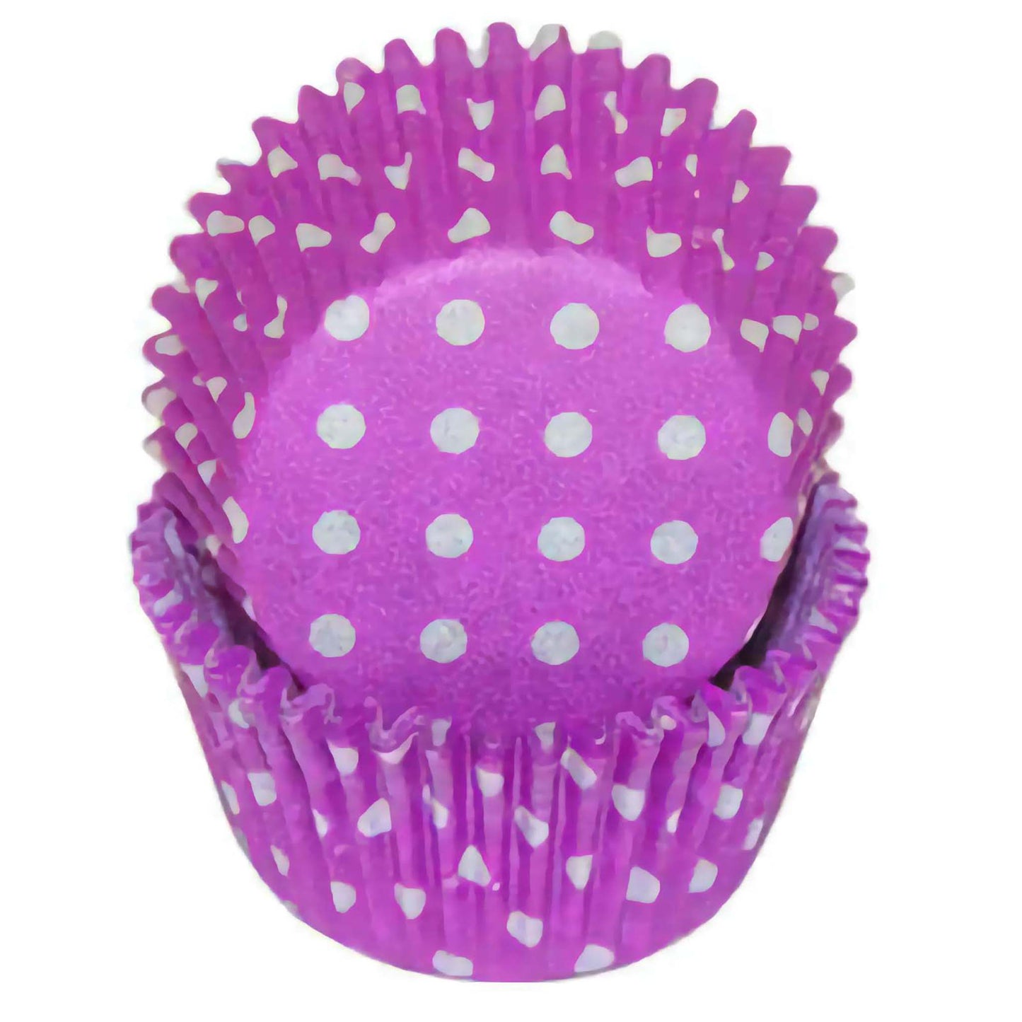 Purple cupcake baking cup with white polka dots, displayed in a nested stack.