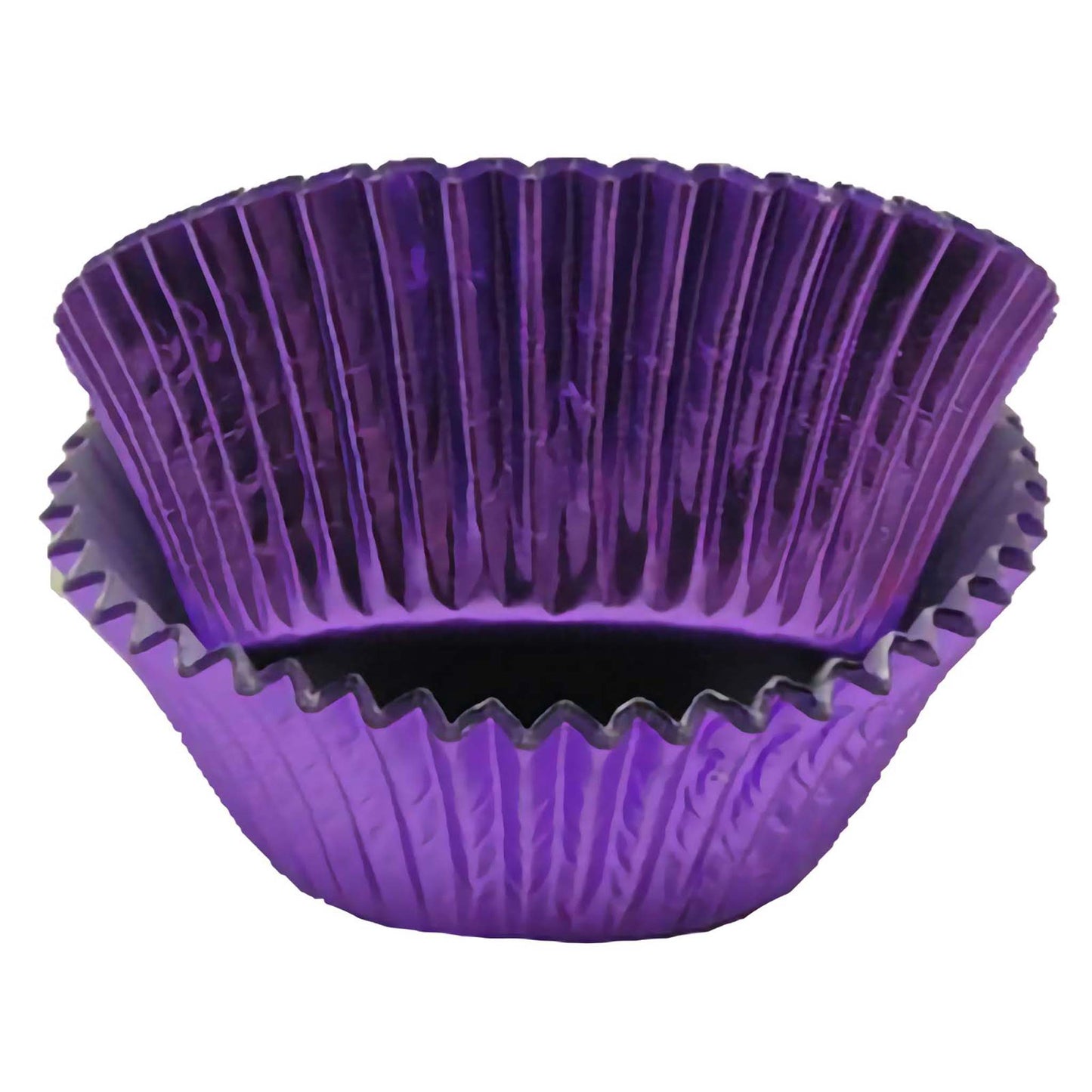 Standard-sized purple foil baking cups, stacked in a nesting arrangement. These cups have a shiny, reflective surface that showcases a bold purple color, ideal for enhancing the presentation of cupcakes.
