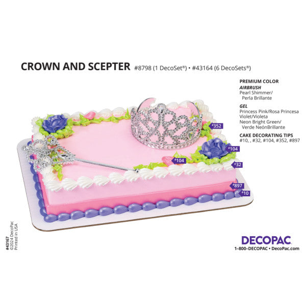 Decorator's guide showing cake decorated with DecoPac Crown and Scepter set and suggested colors and tips