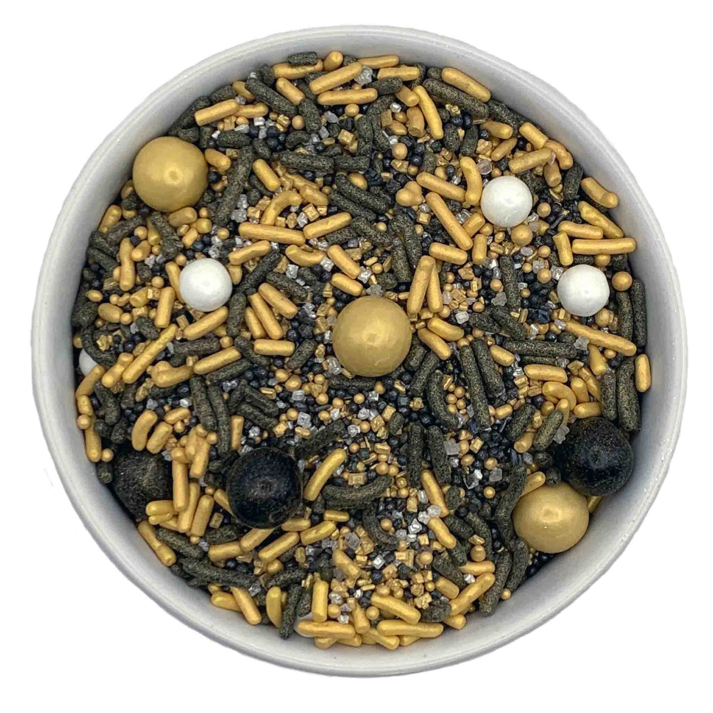 A bowl of sprinkles featuring gold sixlets, white sugar pearls, black and gold jimmies, gold nonpareils, and a mix of gold and silver sanding sugar, perfect for adding a luxurious touch to desserts.