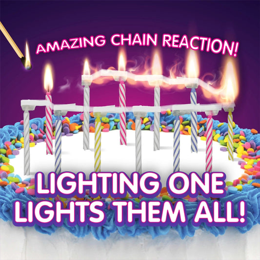 Illustration of Quick Light Birthday Candles igniting in a chain reaction with the text "Lighting One Lights Them All!