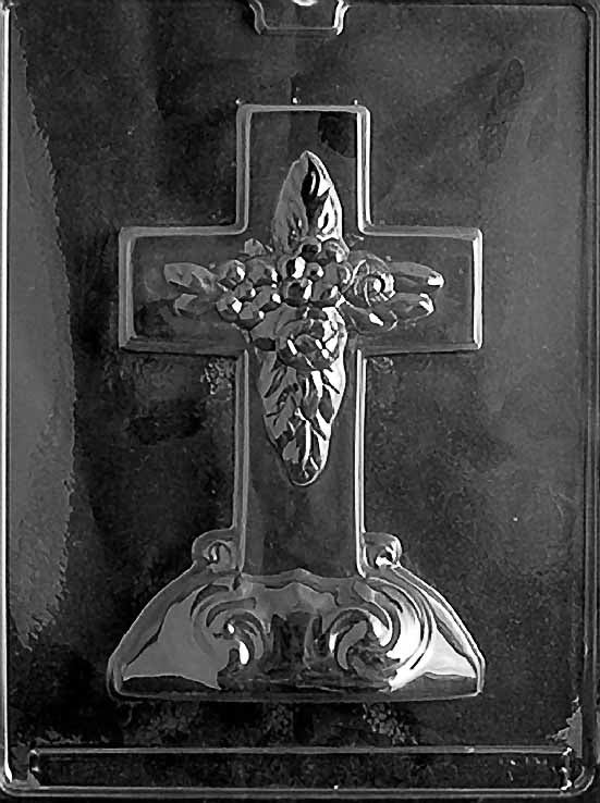 R025 LARGE CROSS WITH BASE chocolate mold featuring a tall cross mounted on a wide base for showpiece candies.