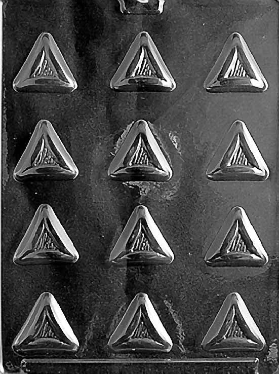 R036 TRIANGULAR PURIM PIECES chocolate mold with multiple small triangle cavities reminiscent of hamantaschen shapes.