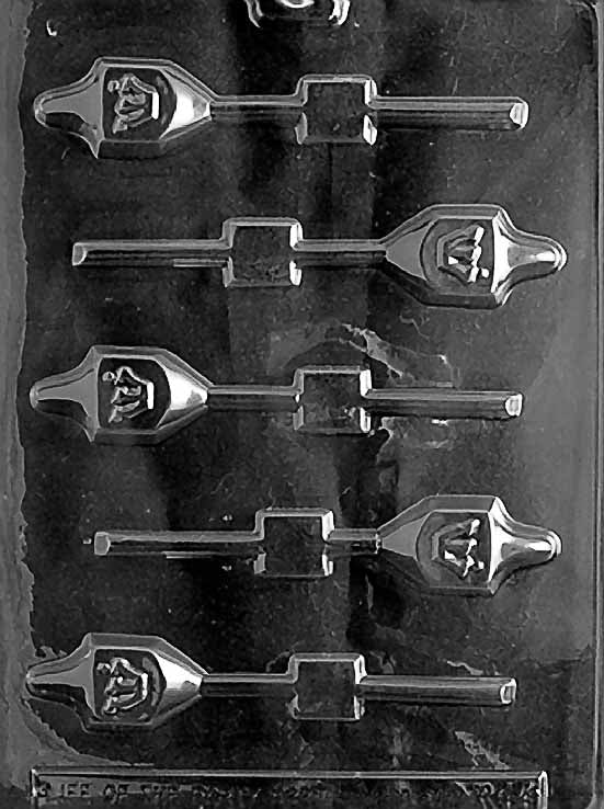 R044 DREIDEL Lollipop chocolate mold with small dreidel-shaped lollipop cavities.