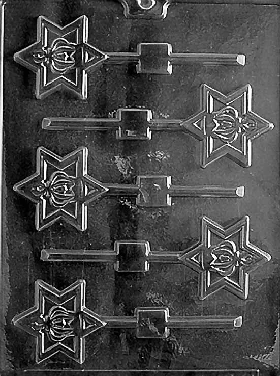 R048 TORAH CROWN Lollipop chocolate mold with lollipop cavities shaped like Torah crowns.