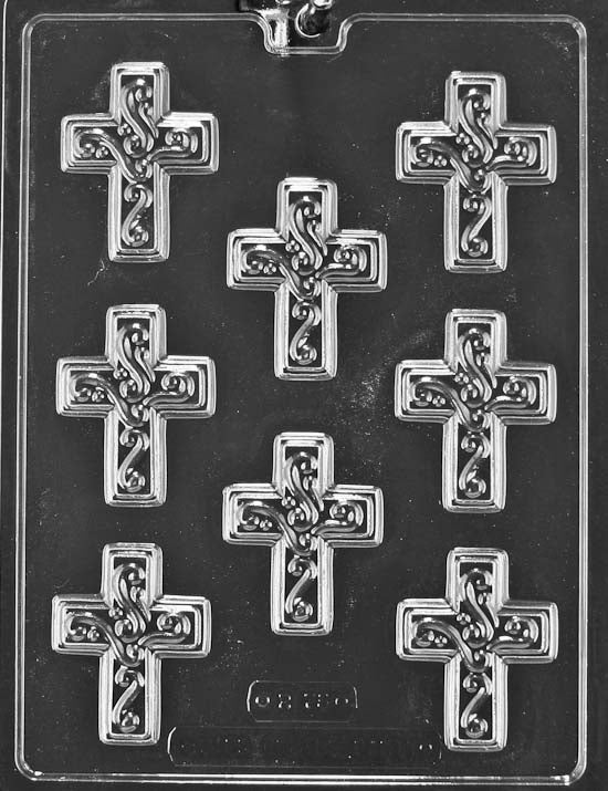 R075 SMALL CROSS WITH SWIRL chocolate mold with small cross cavities accented with swirled designs.
