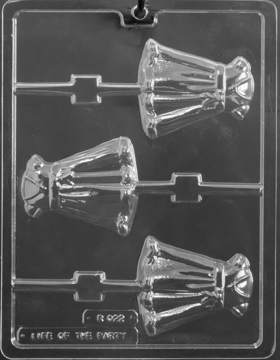 R082 BAPTISM DRESS Lollipop chocolate mold with lollipop cavities shaped like baptism dresses with folds and neckline detail.