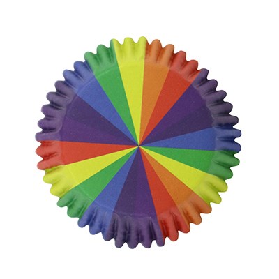 Overhead view of a rainbow-striped foil-lined cupcake case with vibrant color wedges.
