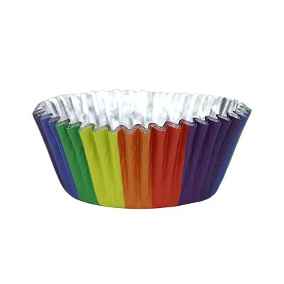 Side view of a foil-lined rainbow cupcake case showing vertical multicolor stripes.