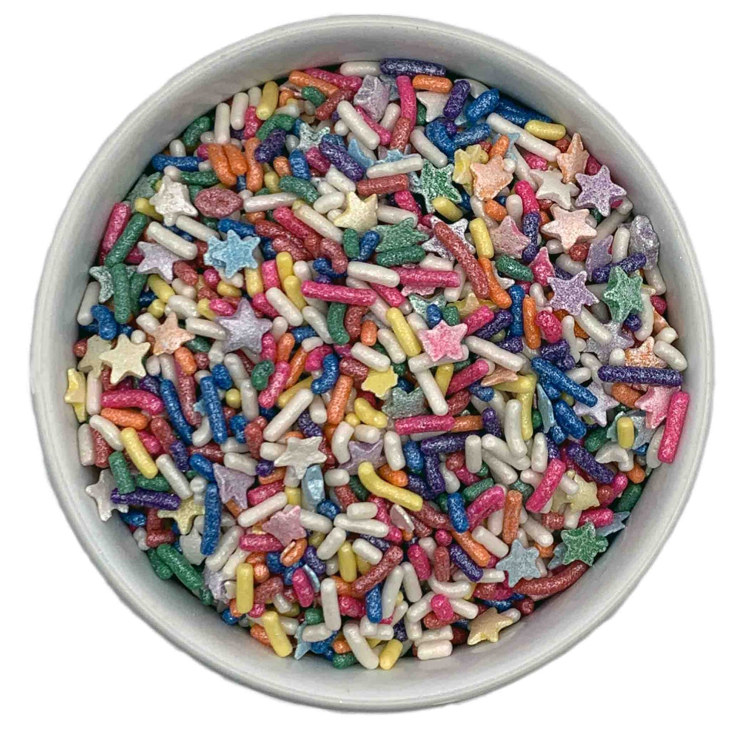 A bowl filled with Rainbow Circus Sprinkle Blend featuring colorful jimmies and star-shaped sprinkles in a variety of metallic shades.