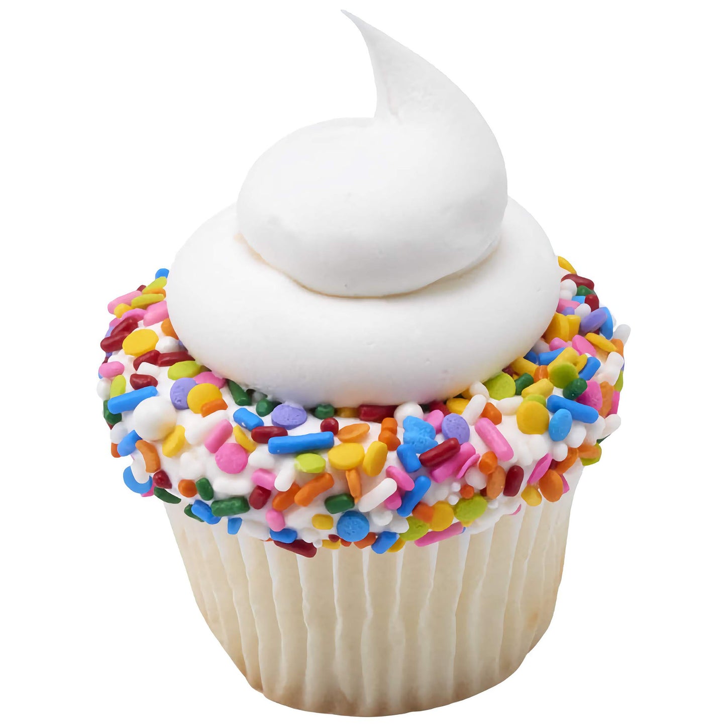 Vanilla cupcake with a swirl of white frosting, generously coated around the sides with Rainbow Party Deluxe Sprinkle Blend, showcasing a variety of bright and cheerful colors.