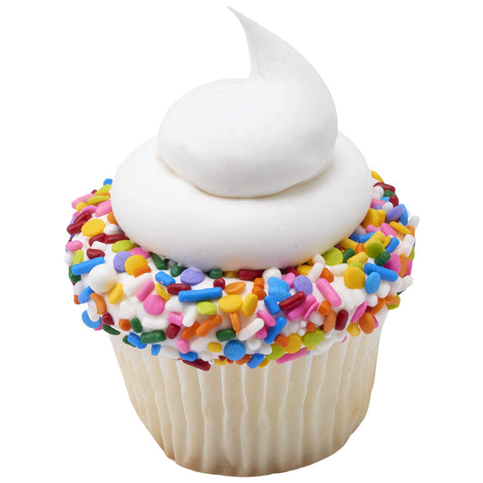 Vanilla cupcake with a swirl of white frosting, generously coated around the sides with Rainbow Party Deluxe Sprinkle Blend, showcasing a variety of bright and cheerful colors.